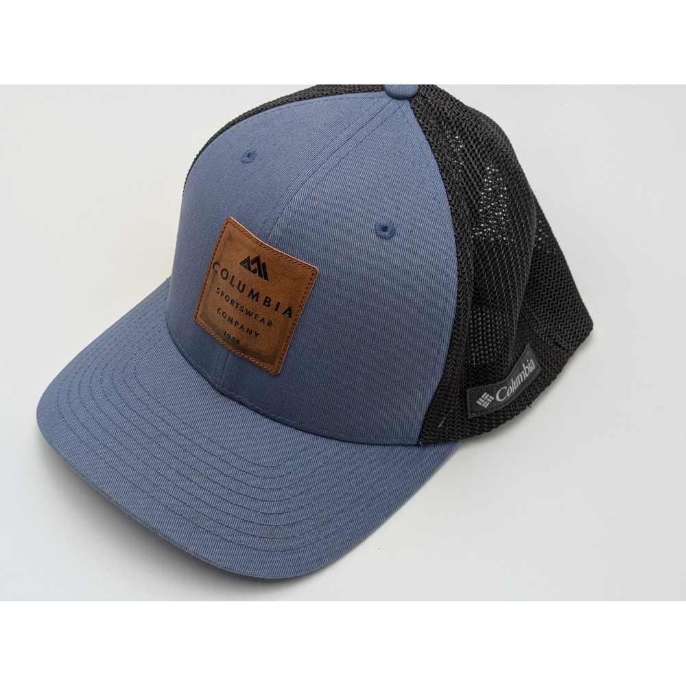 Columbia Trucker Hat Mens Blue PFG Mesh Cap Flexfit Leather Patch Outdoor Hat